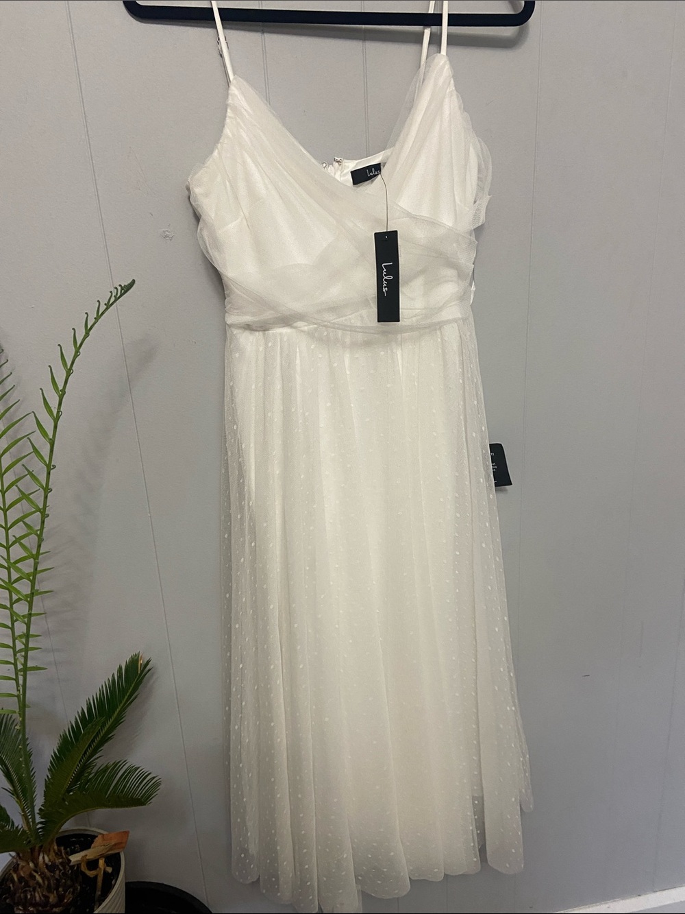 NWT Lulu's White Bridal Shower, honeymoon, elopement midi dress tulle swiss dots